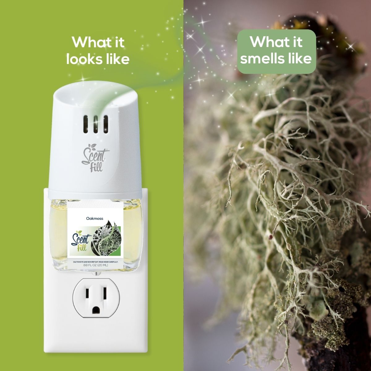 Split comparison graphic showing a Scent Fill plug-in diffuser with Oakmoss fragrance bottle on the left under “What it looks like,” and a close-up of pale green moss on the right under “What it smells like.”