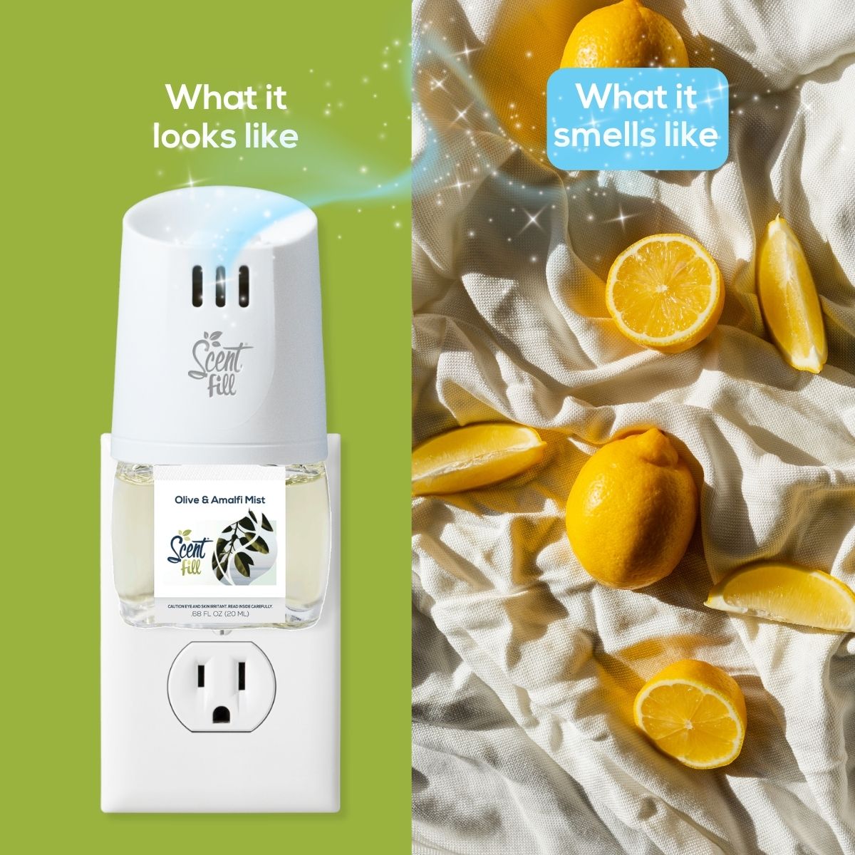 Scent Fill Olive & Amalfi Mist plug-in air freshener shown in an outlet beside fresh lemons, comparing what the product looks like with what it smells like.