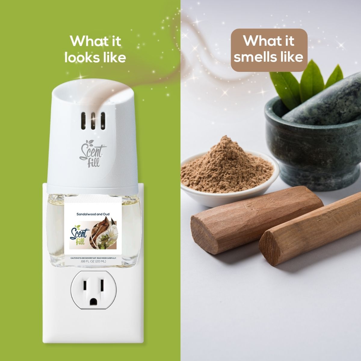 Scent Fill plug-in air freshener in Sandalwood and Oud shown in a wall outlet beside sandalwood pieces, fragrant powder, and a mortar with greenery, illustrating the product’s look and its warm, earthy scent.
