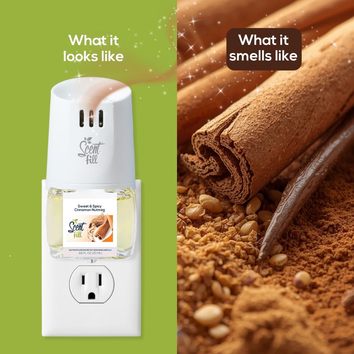Split comparison graphic showing a Sweet & Spicy Cinnamon Nutmeg Scent Fill plug-in diffuser on an outlet under “What it looks like” and close-up cinnamon sticks with warm baking spices under “What it smells like.”
