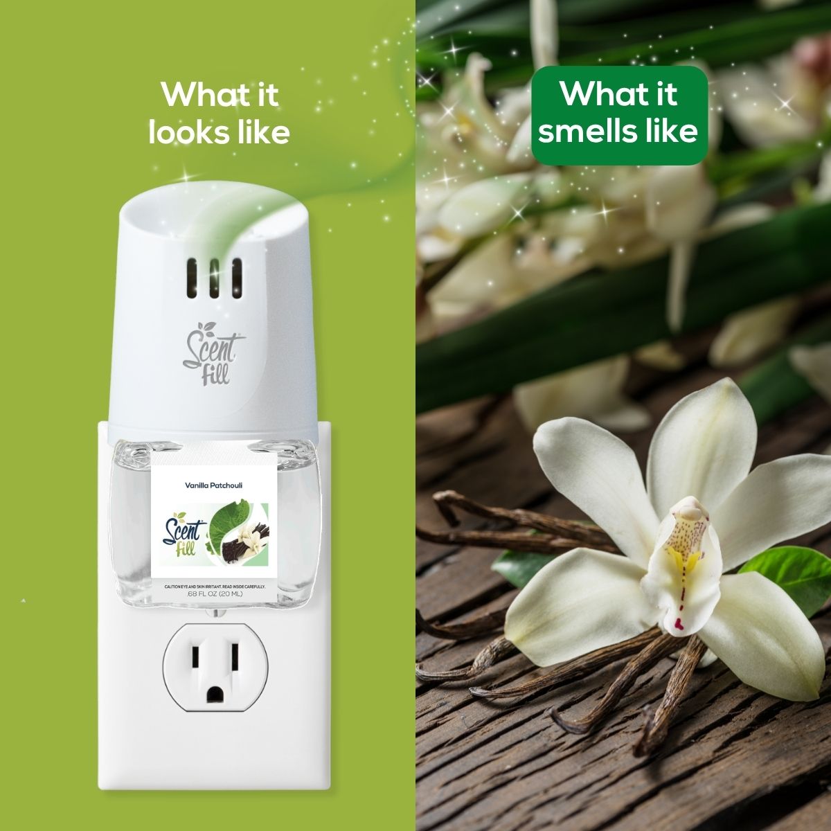 Split image showing a Scent Fill Vanilla Patchouli plug-in air freshener on the left and vanilla flower and vanilla beans on the right, illustrating what the product looks like and what it smells like.