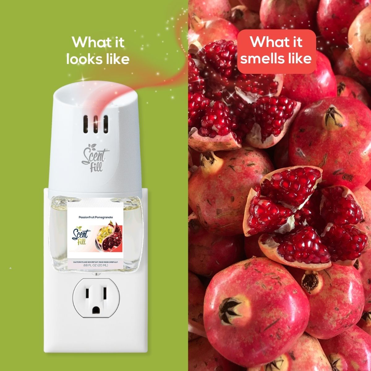 Split comparison graphic showing a Passionfruit Pomegranate Scent Fill plug-in diffuser on an outlet under “What it looks like” and a pile of whole and opened pomegranates under “What it smells like.”