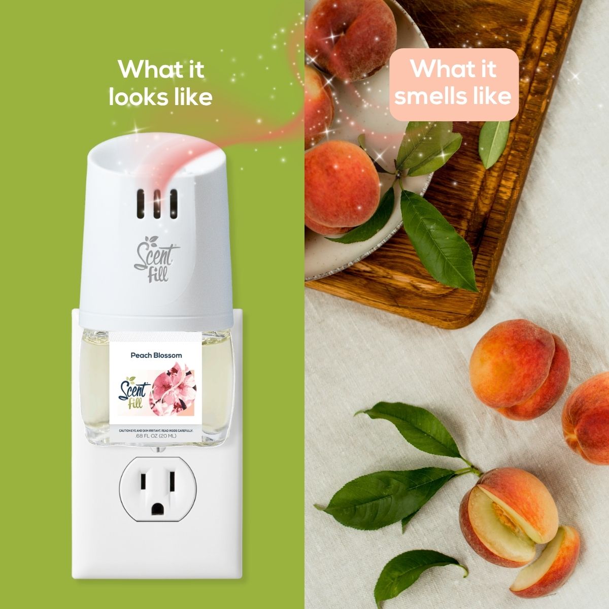 Scent Fill Peach Blossom plug-in air freshener shown in an outlet beside fresh peaches, comparing what the product looks like with what it smells like.