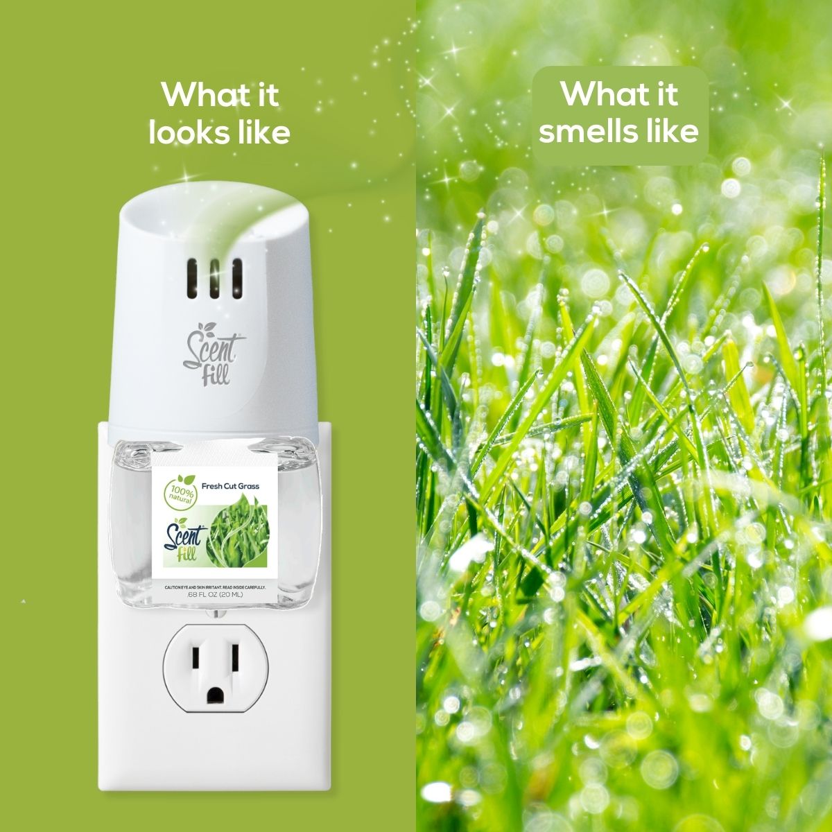 Air freshener with a green grass scent on a green background to show what it smells like 
