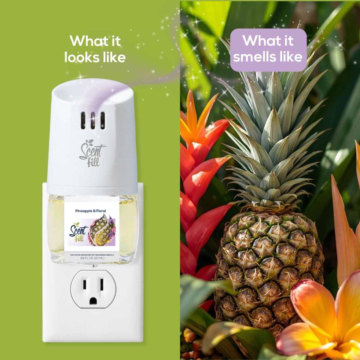 Scent Fill Pineapple & Floral plug-in air freshener shown in an outlet beside pineapple and tropical flowers, comparing what the product looks like with what it smells like.
