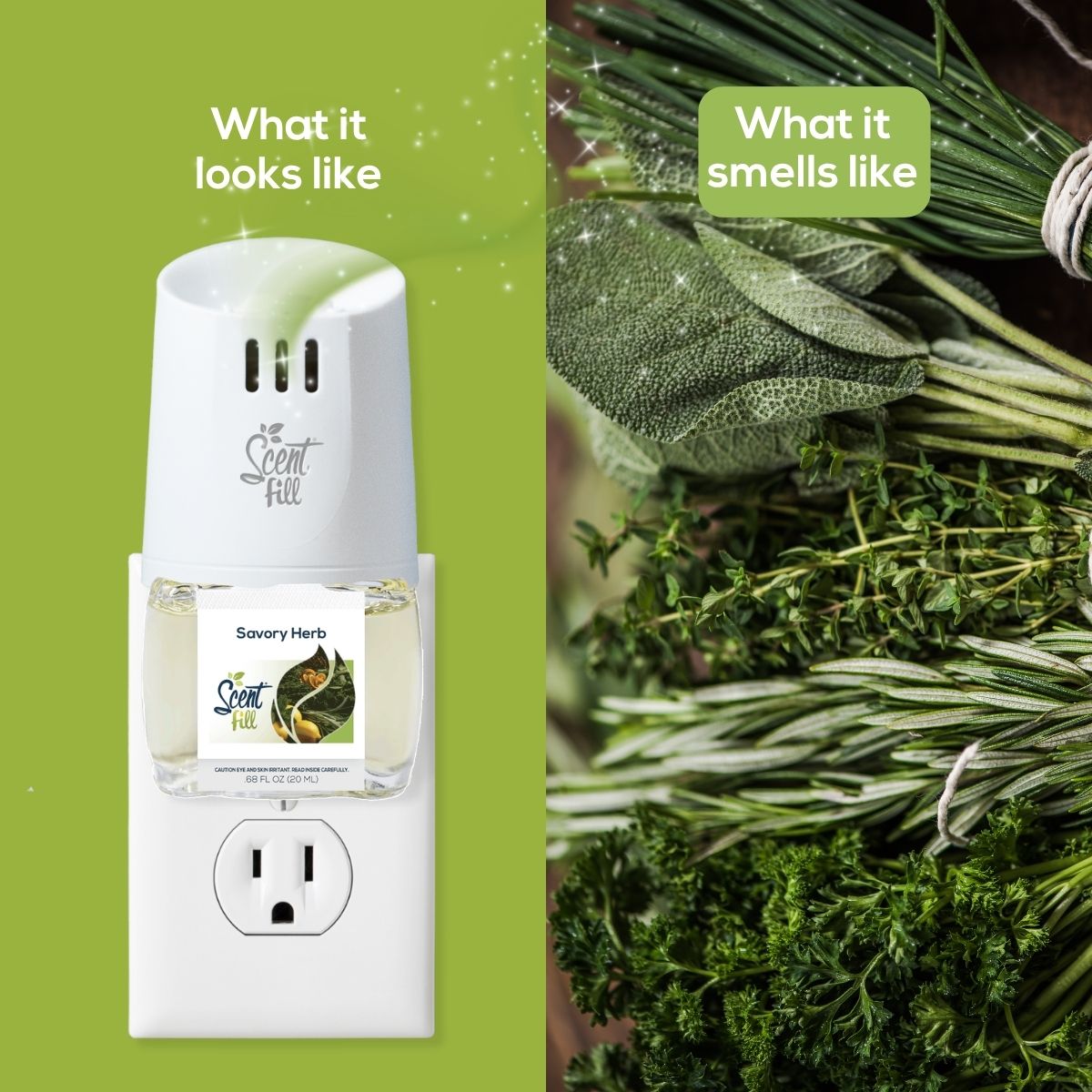 Split image showing a Scent Fill Savory Herb plug-in air freshener on the left and fresh green herbs on the right, illustrating what the product looks like and what it smells like.
