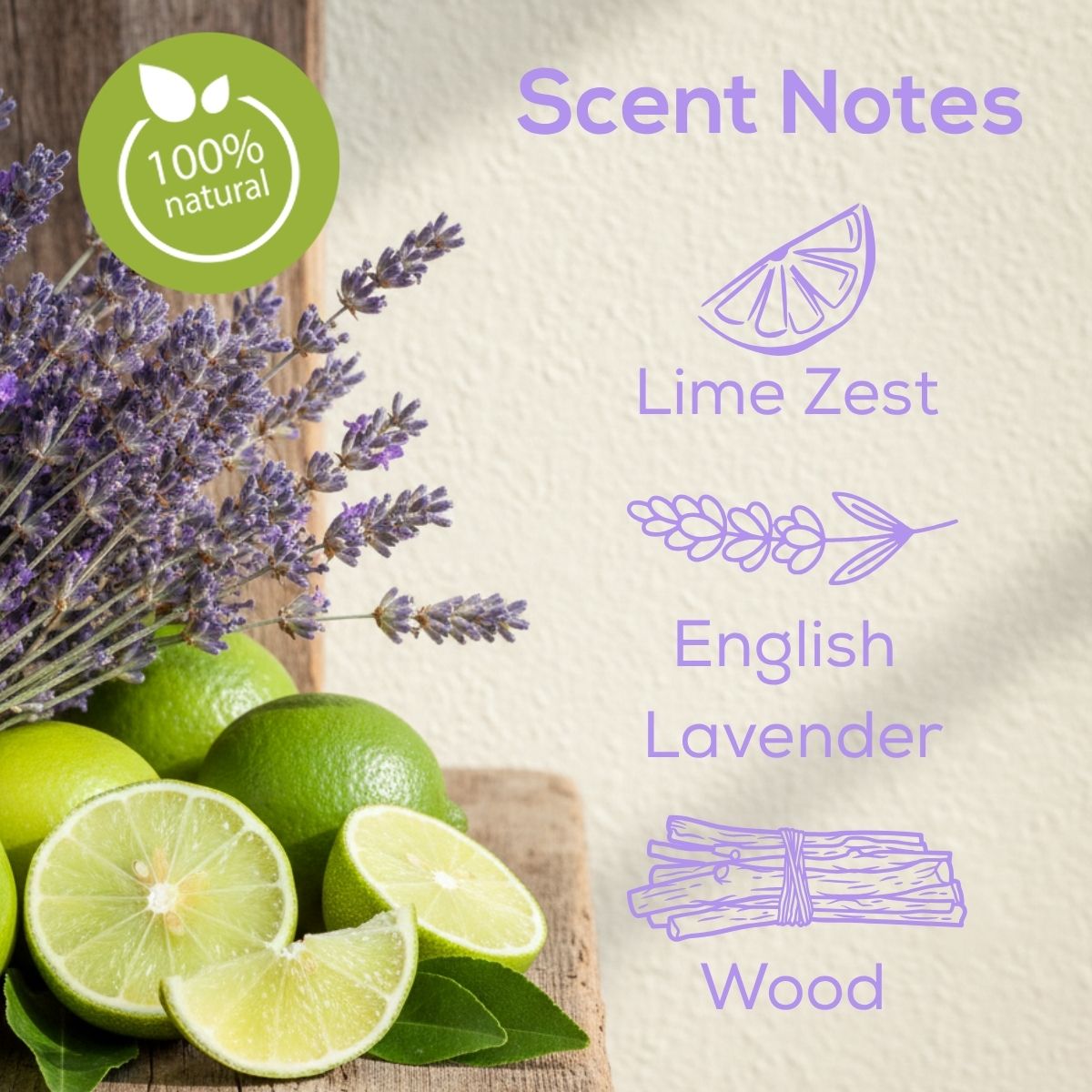Scent notes graphic featuring lavender sprigs and fresh limes with text listing lime zest, English lavender, and wood notes.