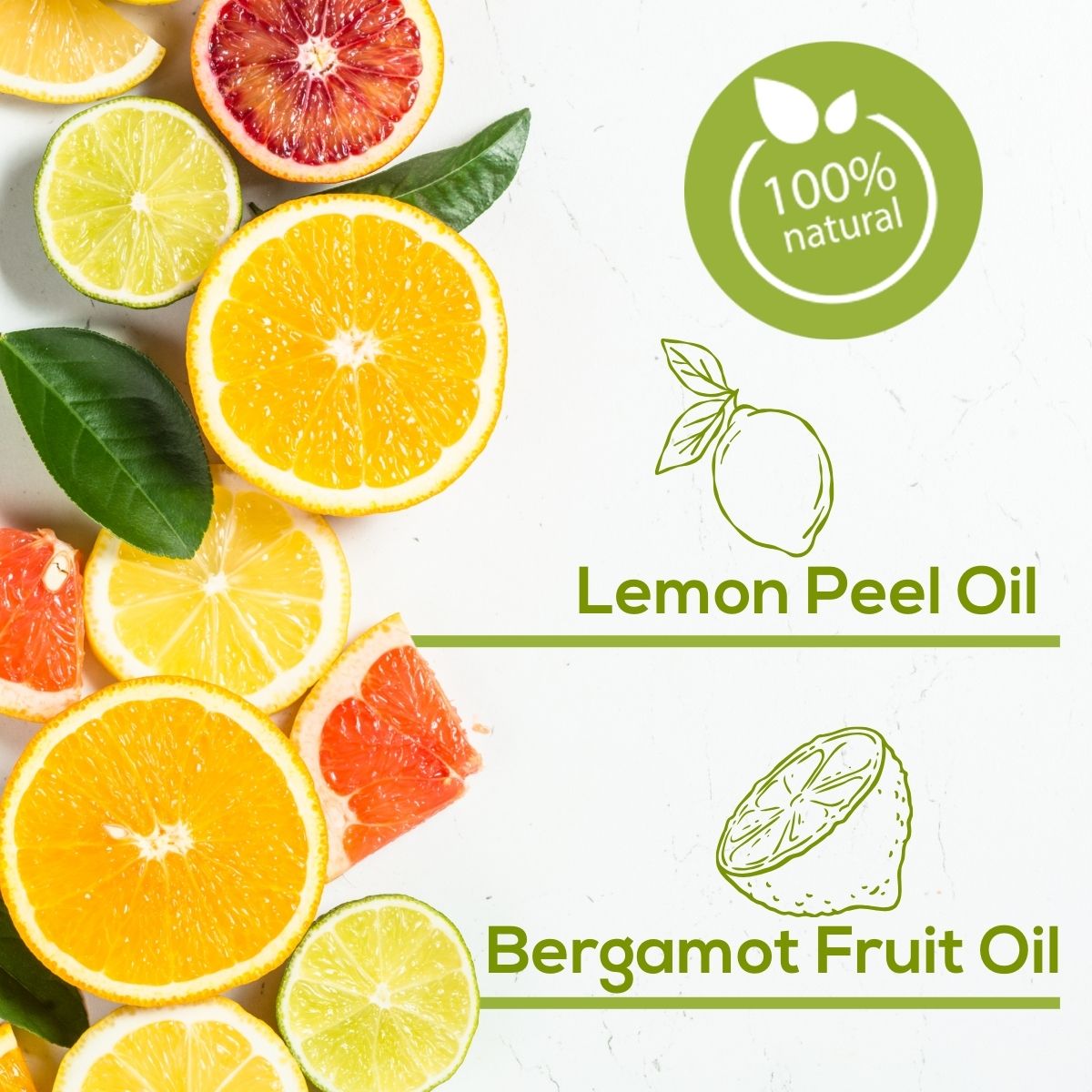 Ingredient graphic featuring sliced citrus fruits and green leaves on a light background, highlighting lemon peel oil, bergamot fruit oil, and a 100% natural badge.