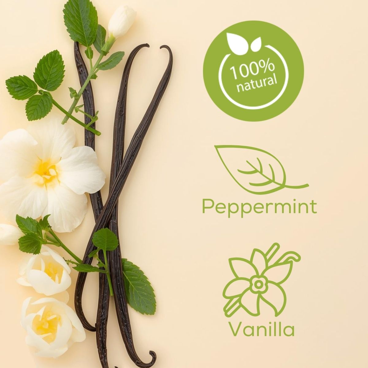 Ingredient graphic featuring vanilla beans, fresh mint leaves, and white flowers on a beige background, highlighting 100% natural ingredients, peppermint, and vanilla.