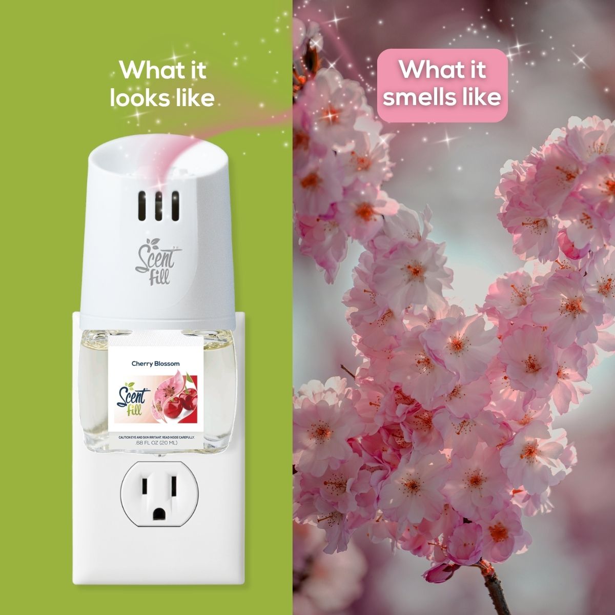 Scent Fill Cherry Blossom plug-in air freshener shown in an outlet beside pink cherry blossoms, comparing what the product looks like with what it smells like.