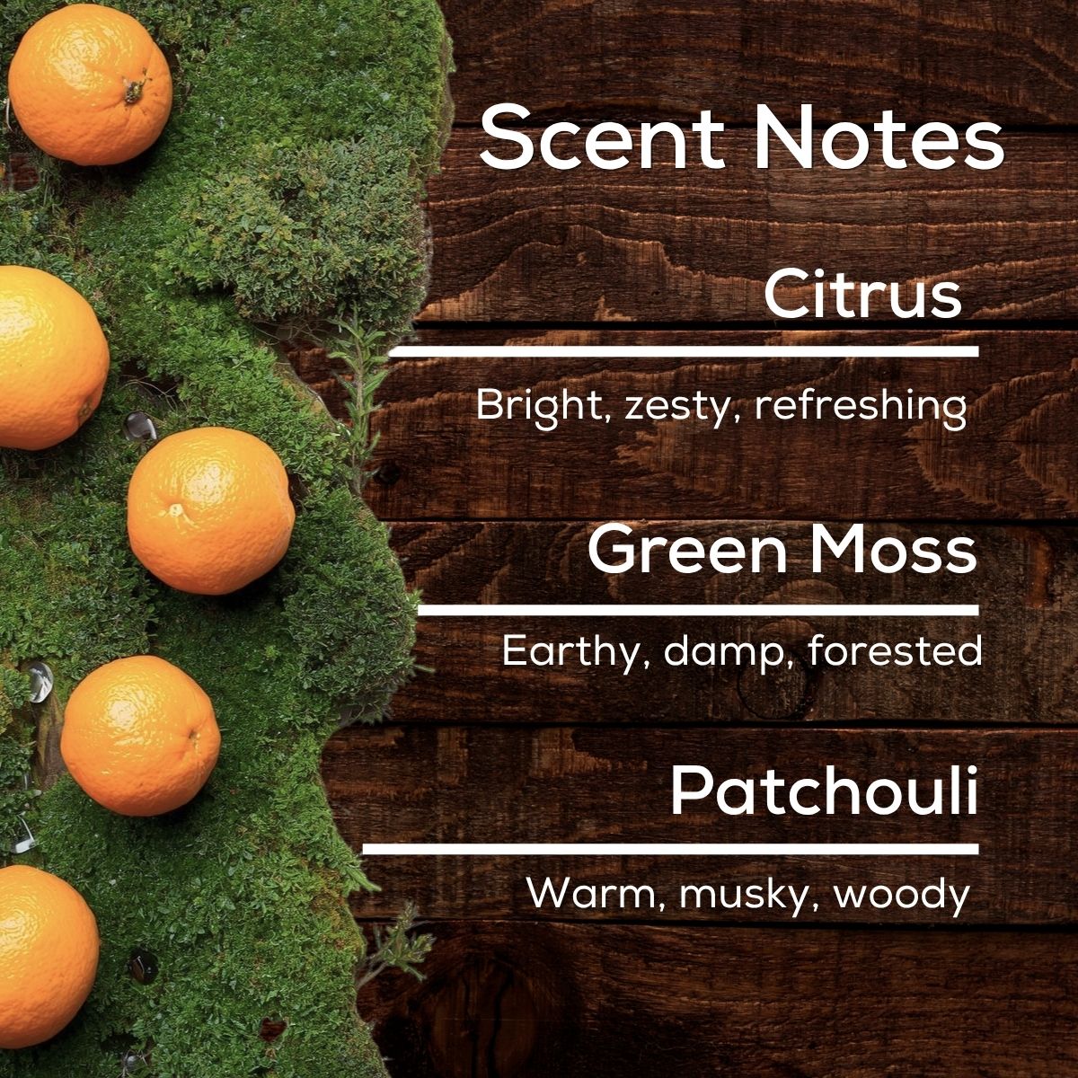 Grey Moss scent notes graphic featuring oranges, green moss, and wood texture with notes of citrus, green moss, and patchouli.