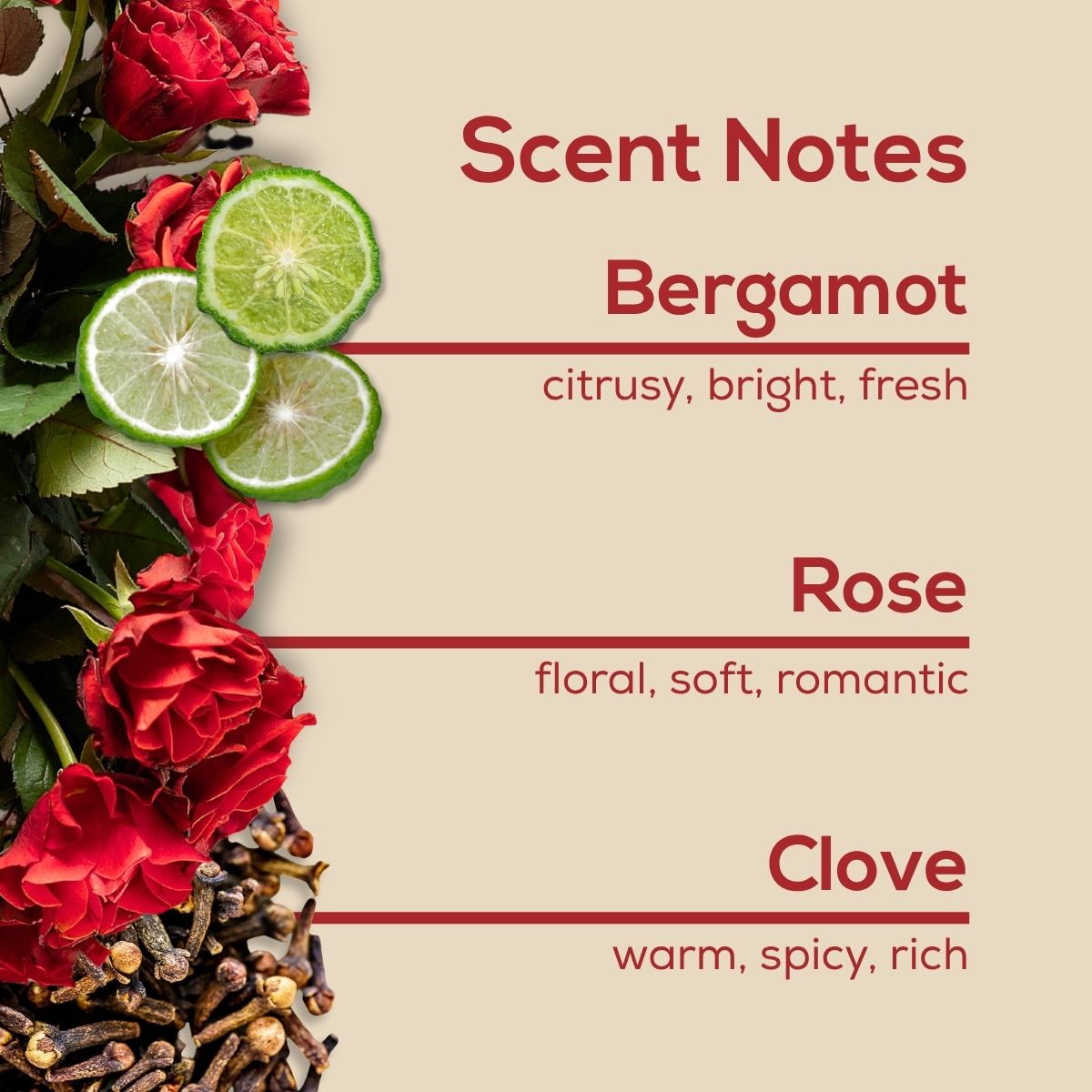 Scent notes graphic with red roses, lime slices, and cloves on a warm beige background, listing Bergamot as citrusy, bright, fresh; Rose as floral, soft, romantic; and Clove as warm, spicy, rich.