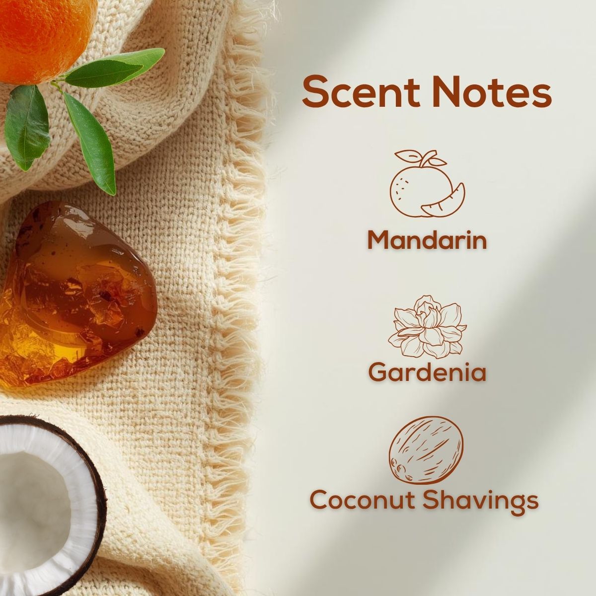 Scent notes graphic with an orange, green leaves, amber-colored resin, coconut, and soft woven fabric on a light background, listing Mandarin, Gardenia, and Coconut Shavings.