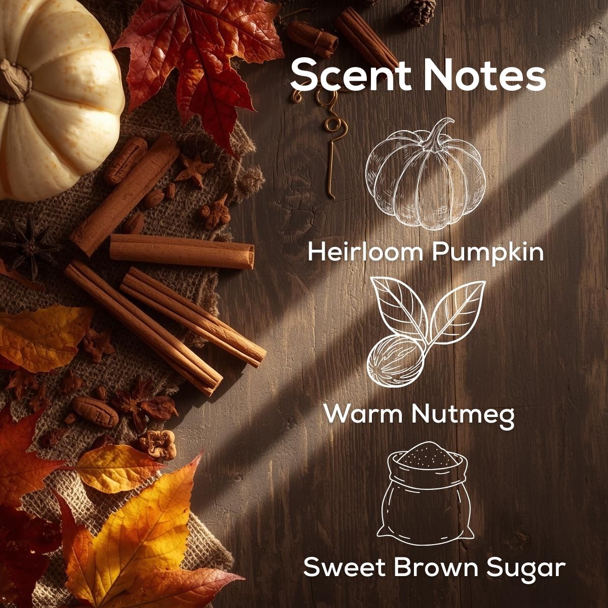 Scent Notes graphic with pumpkin, cinnamon sticks, autumn leaves, and warm baking accents on a rustic wood background, listing fragrance notes of heirloom pumpkin, warm nutmeg, and sweet brown sugar.