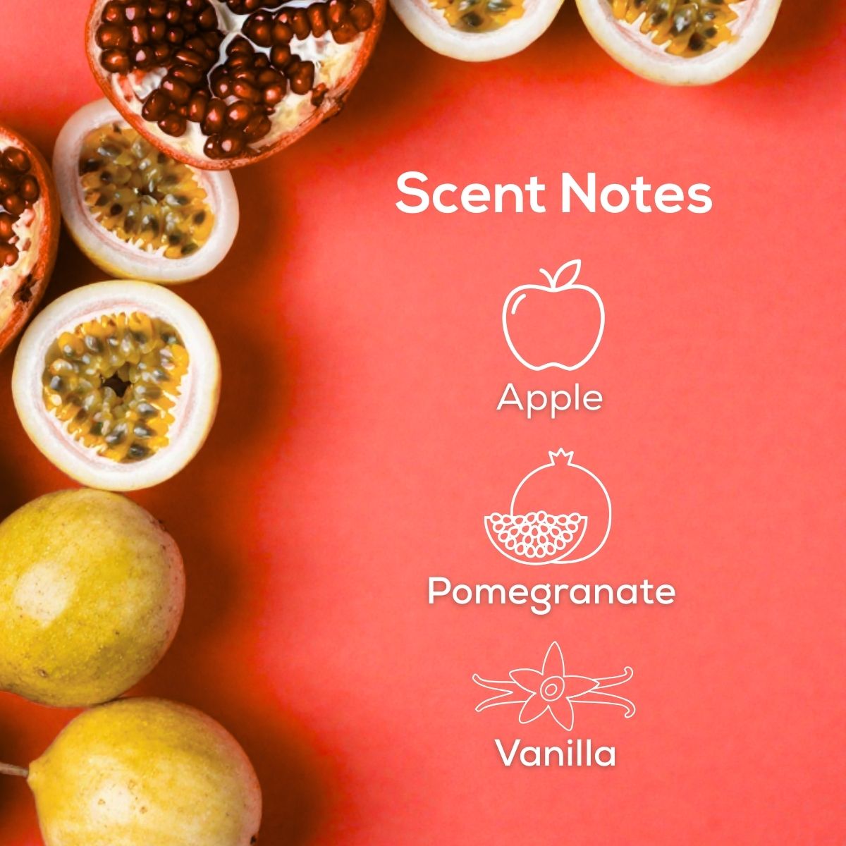 Scent Notes graphic with passionfruit halves and pomegranate on a coral background, listing fragrance notes of apple, pomegranate, and vanilla with illustrated icons.