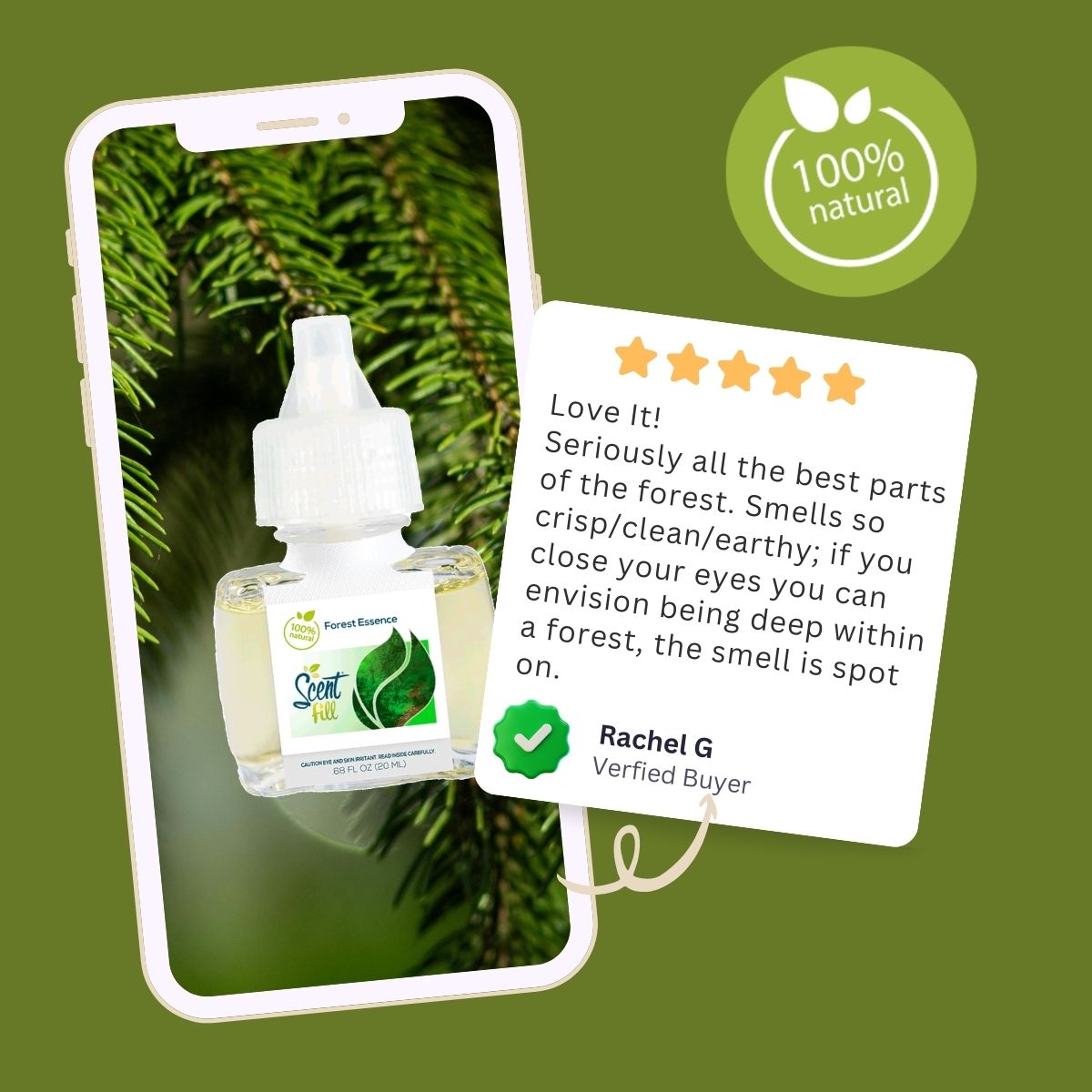 Promotional graphic showing a Forest Essence Scent Fill refill bottle on a smartphone screen with evergreen branch imagery, alongside a five-star verified buyer review praising the crisp, earthy forest scent and a 100% natural badge.