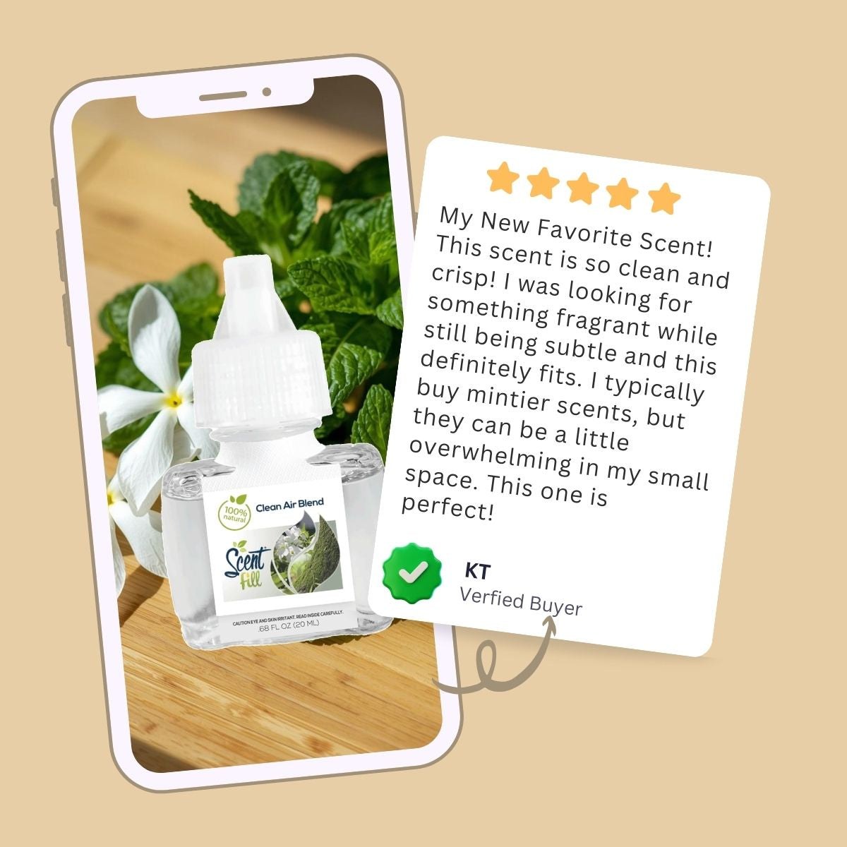 Promotional graphic showing a Clean Air Blend Scent Fill refill bottle on a smartphone screen with mint leaves and white flower imagery, alongside a five-star verified buyer review praising the clean, crisp scent.
