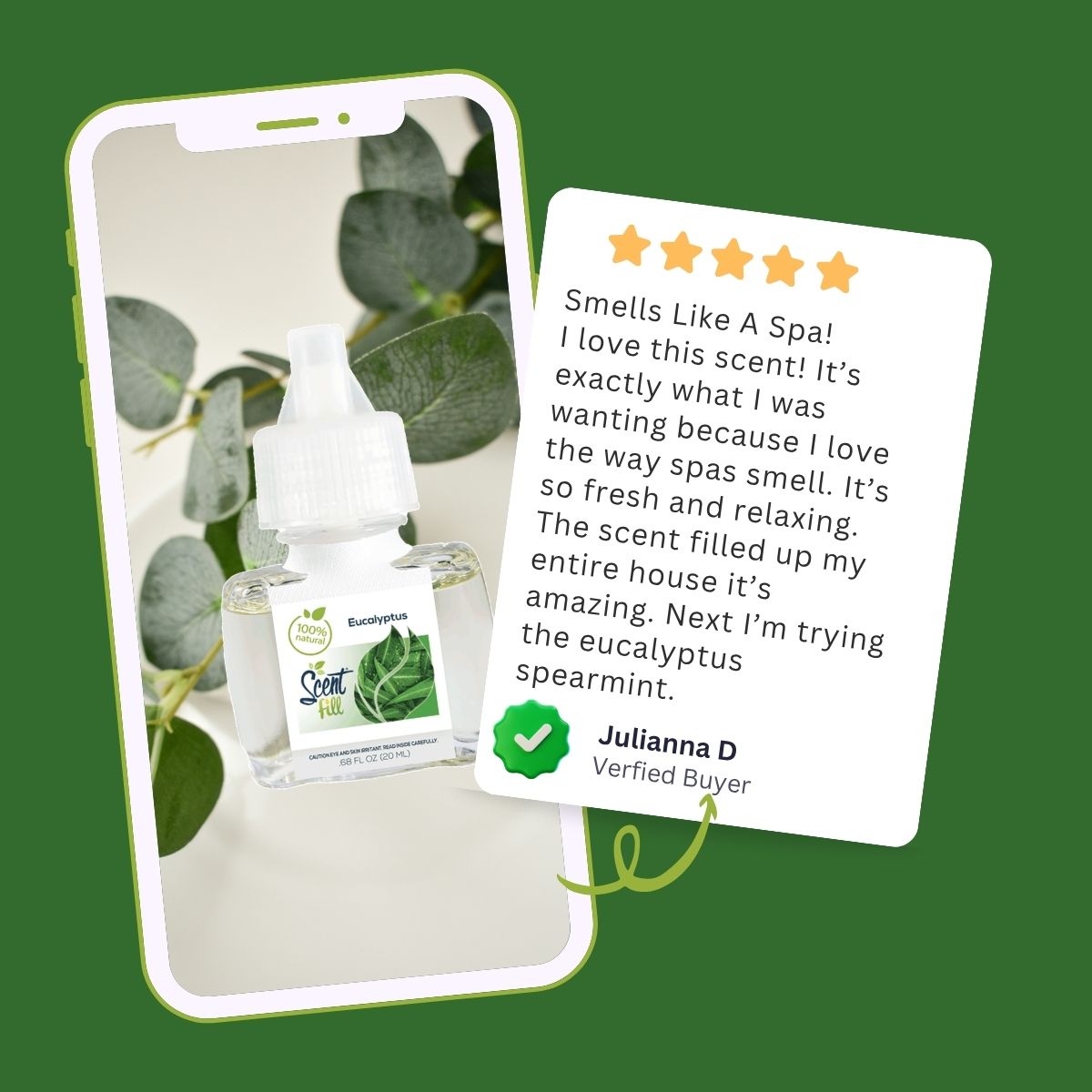 Promotional graphic showing a Eucalyptus fragrance refill displayed on a smartphone screen with eucalyptus leaf imagery, alongside a five-star customer review from Julianna D describing the scent as fresh, relaxing, and spa-like.