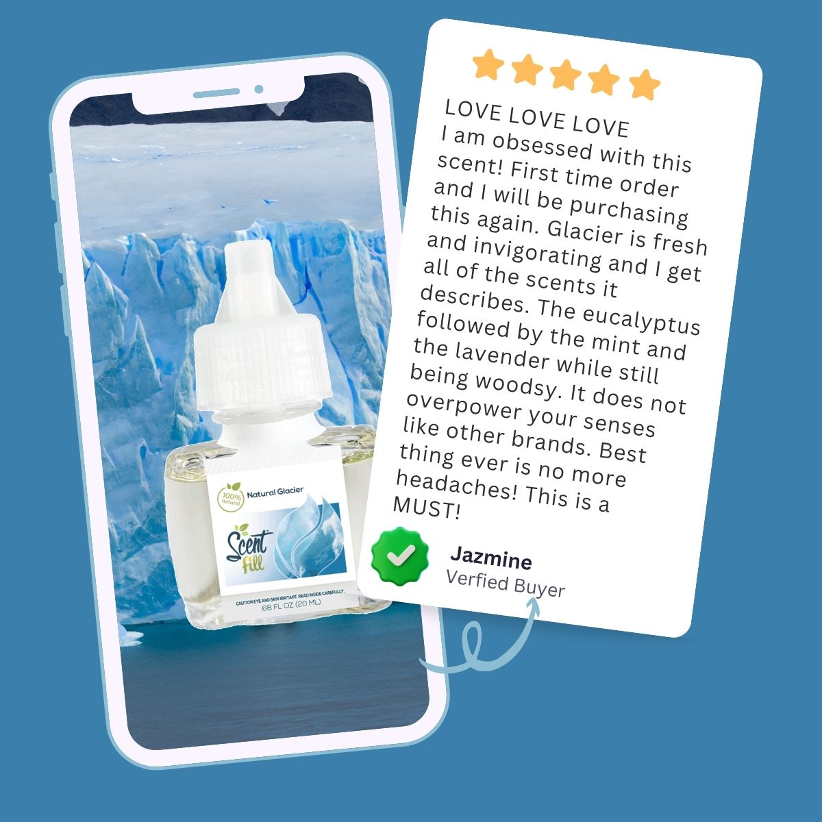 Scent Fill Natural Glacier plug-in air freshener shown on a phone with a five-star customer review describing the scent as fresh, invigorating, and not overpowering.