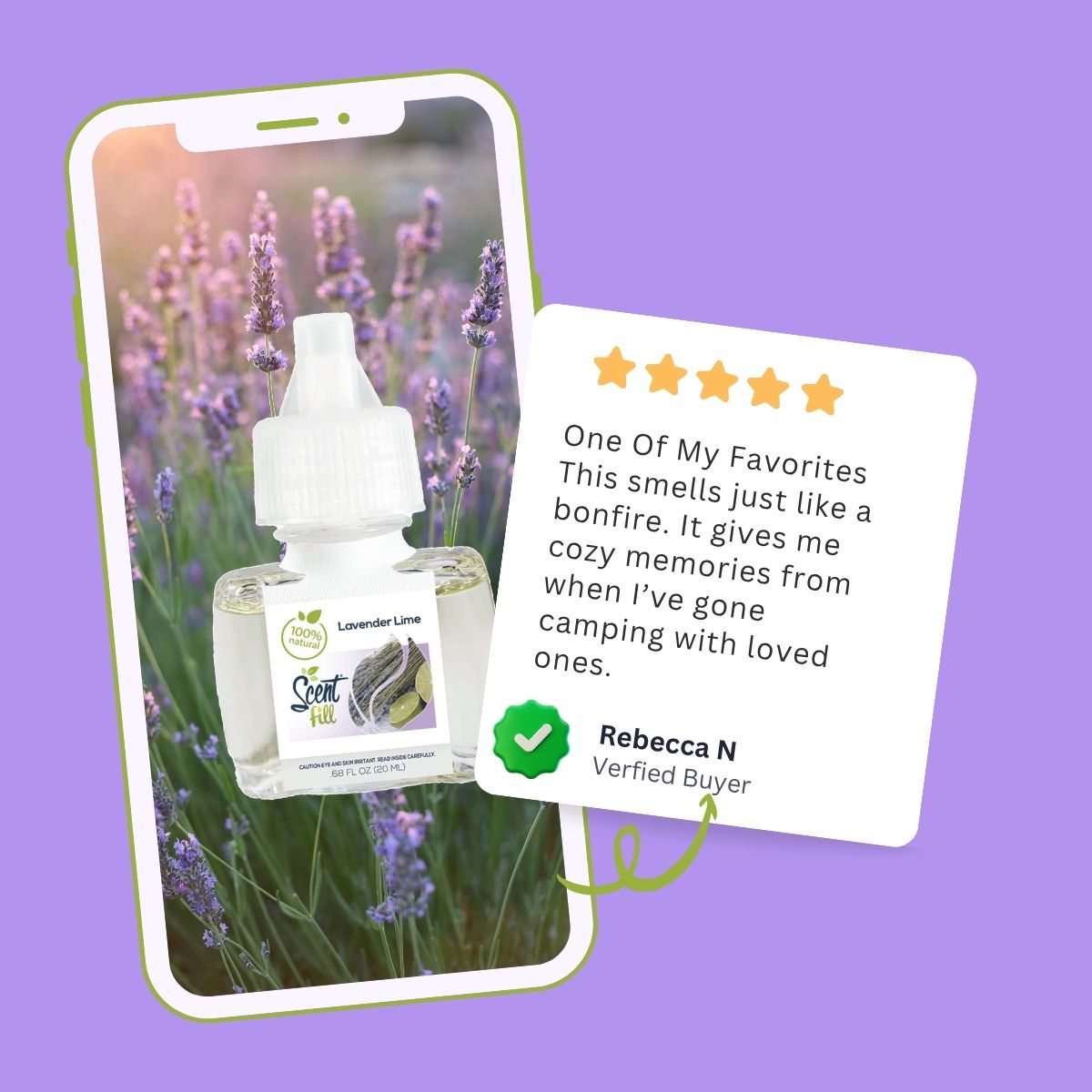 Graphic of a Scent Fill Lavender Lime plug-in refill displayed on a smartphone over a lavender field background beside a five-star customer review describing it as a favorite, cozy scent.