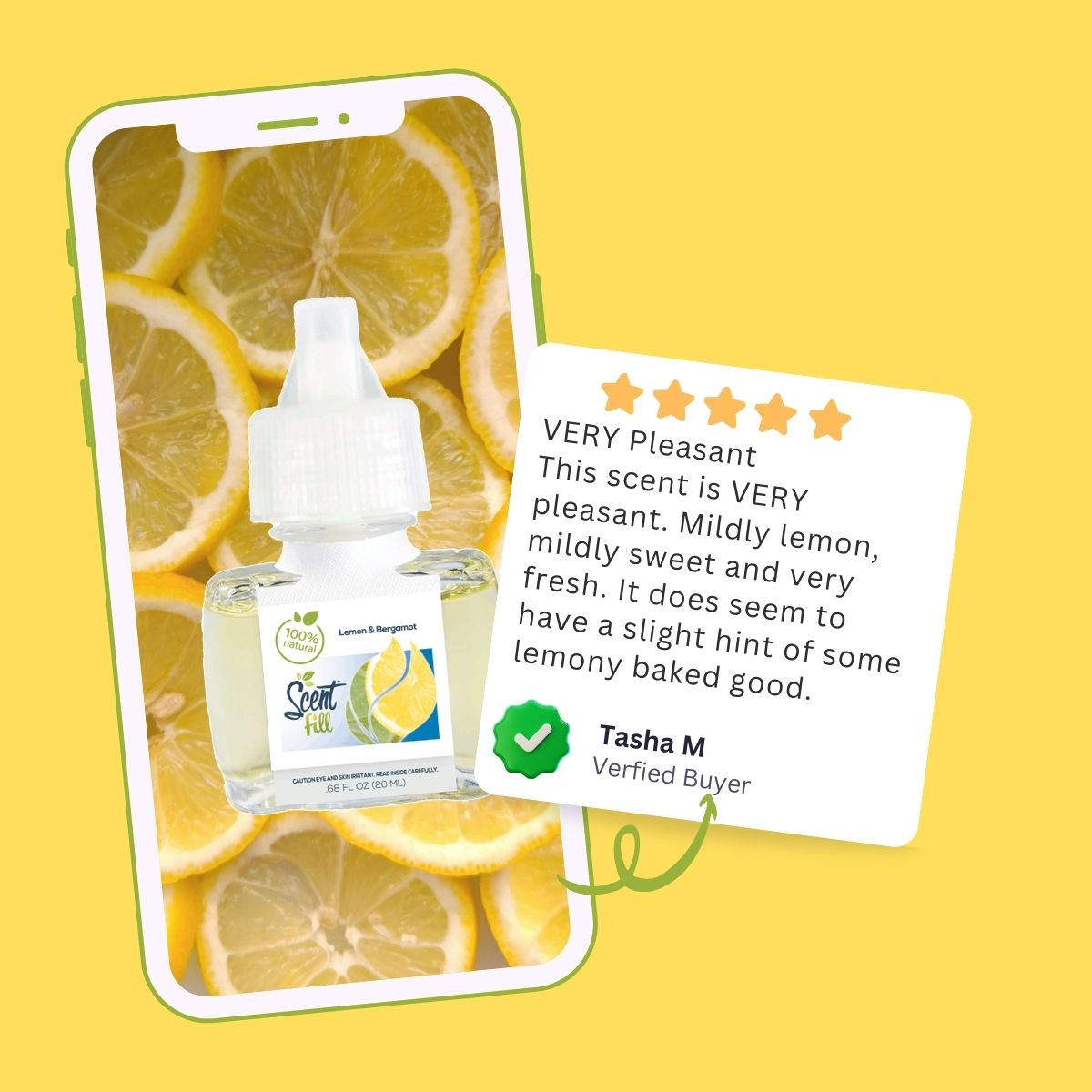 Promotional graphic showing a Lemon & Bergamot Scent Fill refill bottle on a smartphone screen with sliced lemon imagery, alongside a five-star verified buyer review describing the scent as mild, sweet, and fresh.