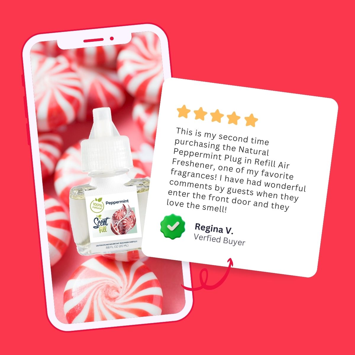 Graphic of a Natural Peppermint plug-in refill displayed over a phone screen with a peppermint candy background and a five-star review card from a verified buyer.