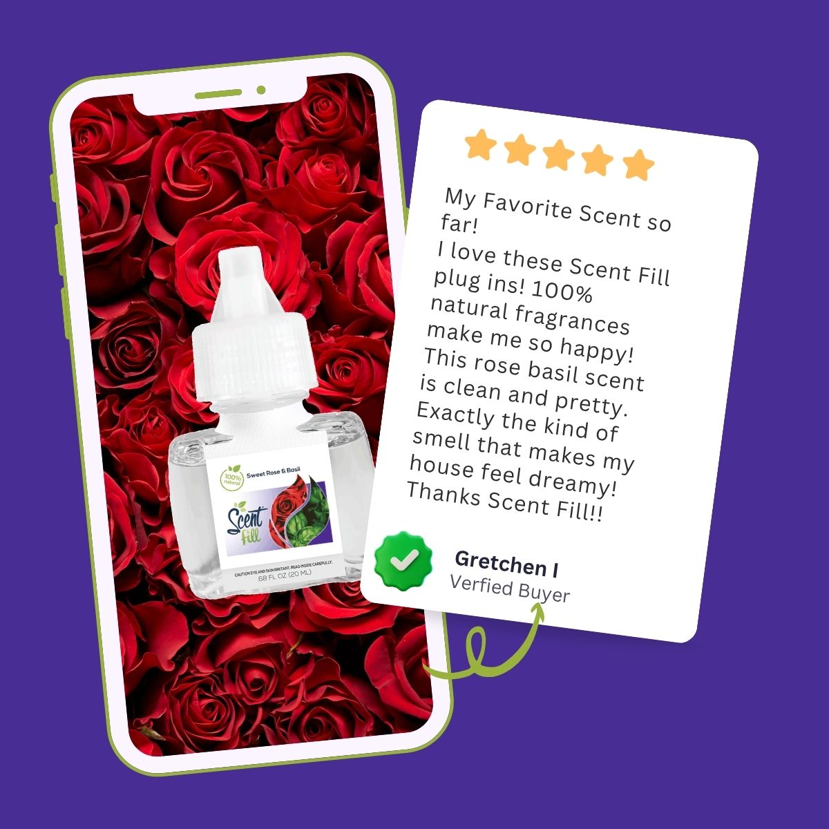 Scent Fill Sweet Rose & Basil plug-in air freshener shown on a phone with a five-star customer review describing the scent as clean, pretty, and a customer favorite.