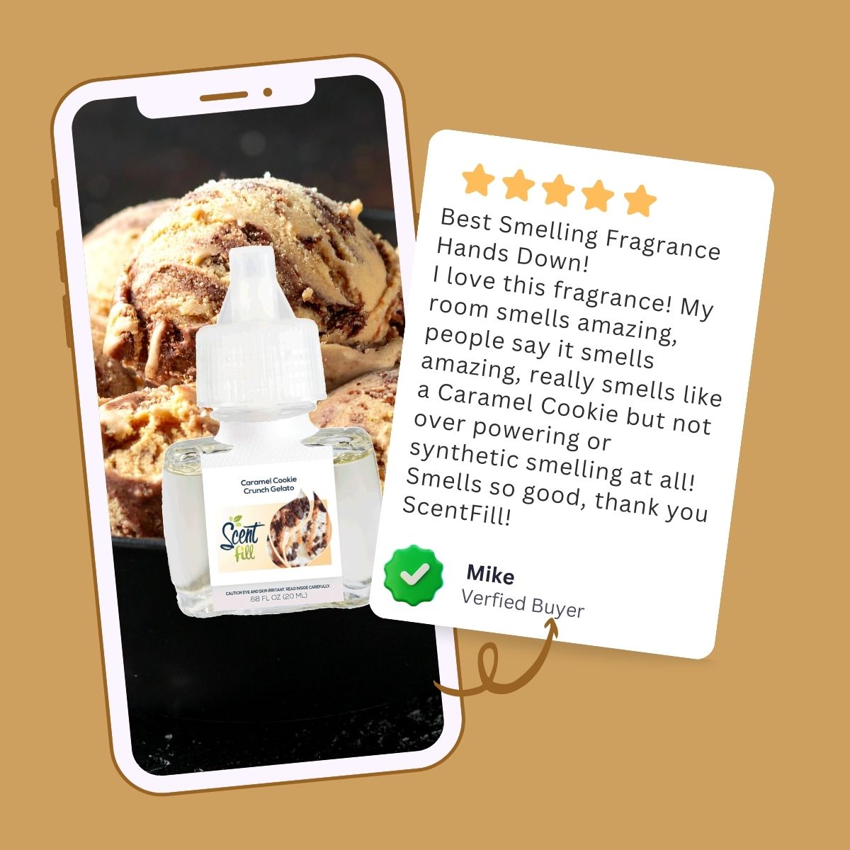 Graphic of a Scent Fill Caramel Cookie Crunch Gelato plug-in refill displayed on a smartphone over a caramel gelato dessert background beside a five-star customer review praising its sweet, dessert-inspired scent.