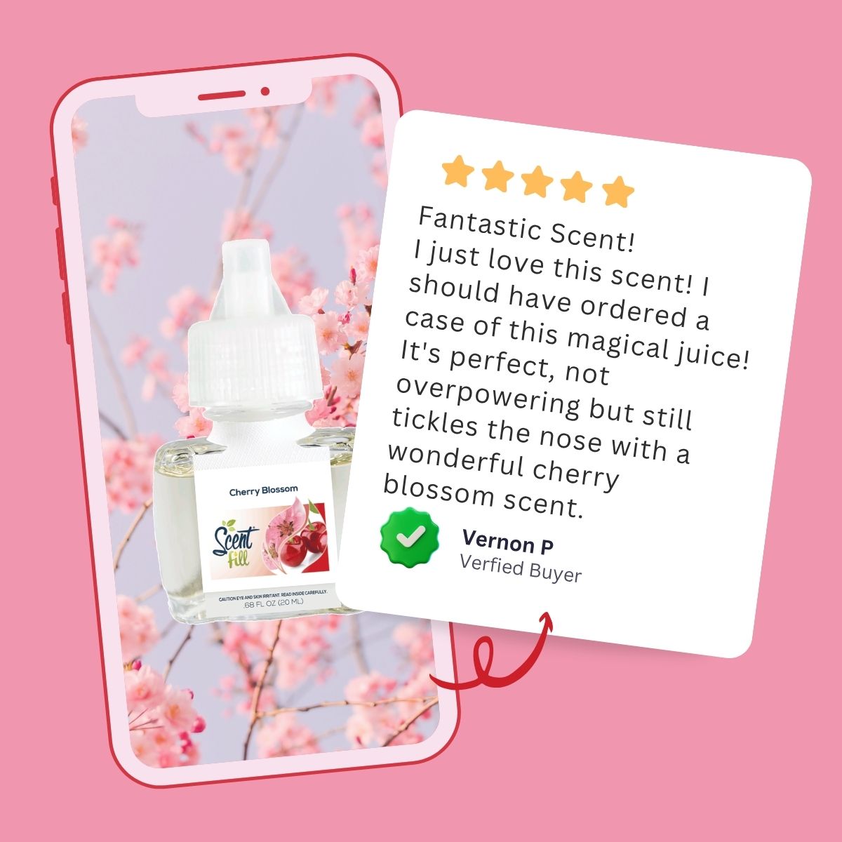 Scent Fill Cherry Blossom plug-in air freshener shown on a phone with a five-star customer review highlighting the scent as perfect, light, and not overpowering.