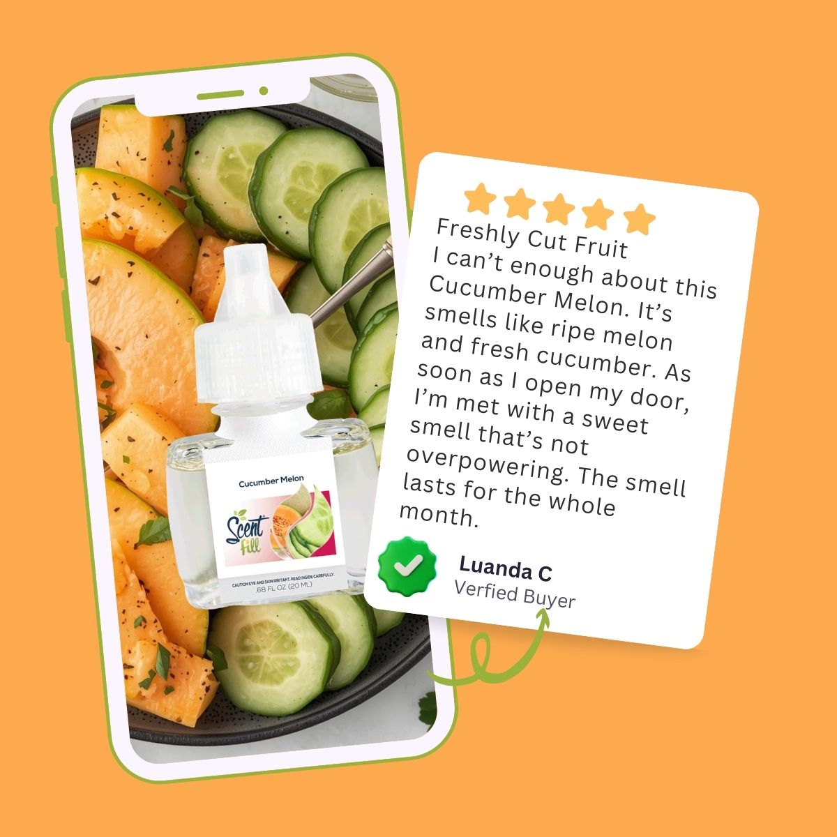 Customer review graphic for the Scent Fill Cucumber Melon Plug-In Air Freshener on an orange background. On the left, a smartphone displays the product refill bottle overlaid on a photo of fresh cucumber slices and melon chunks in a bowl. On the right, a five-star review card titled 