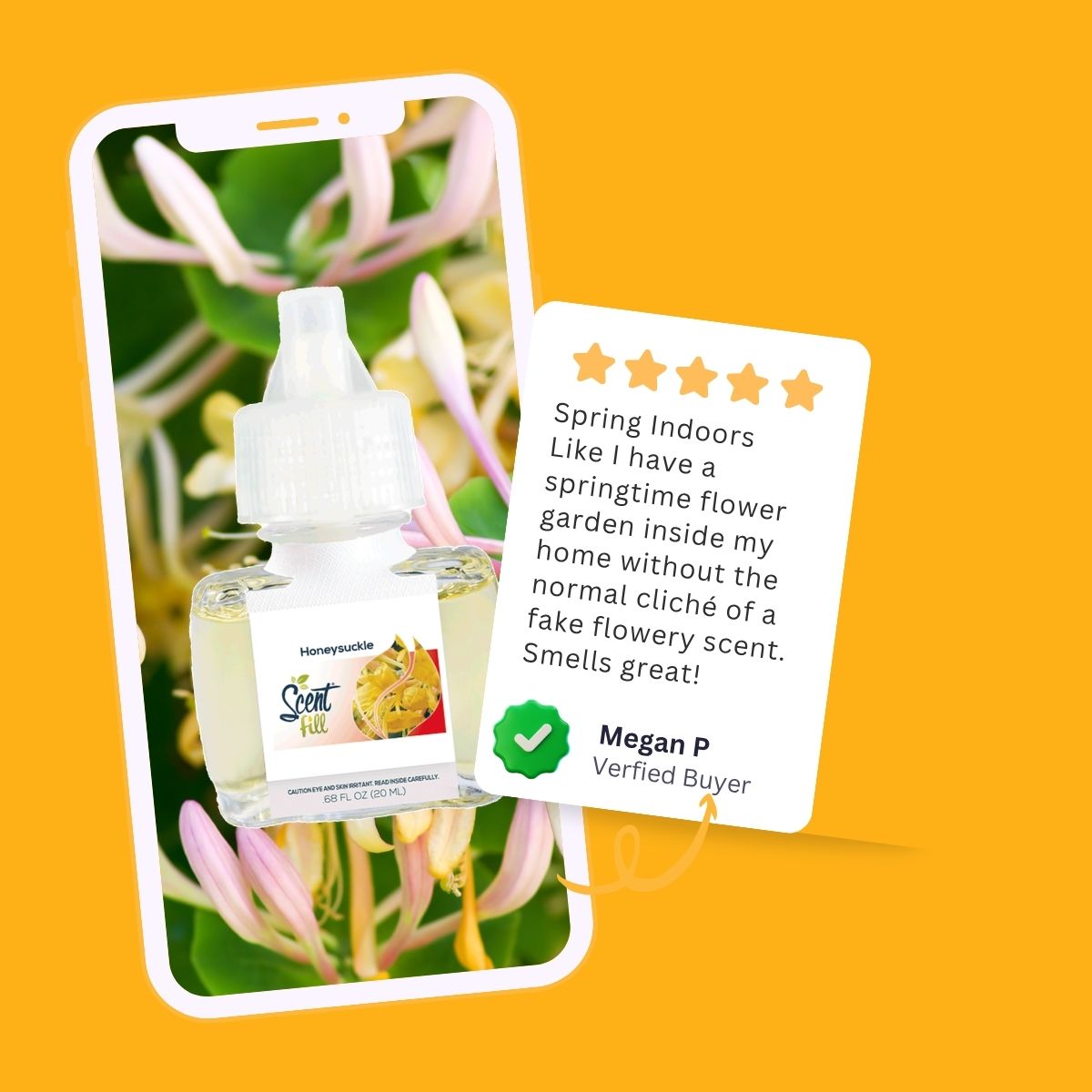 Honeysuckle fragrance graphic showing a Scent Fill refill bottle in front of a smartphone with honeysuckle blooms, beside a five-star review from a verified buyer.