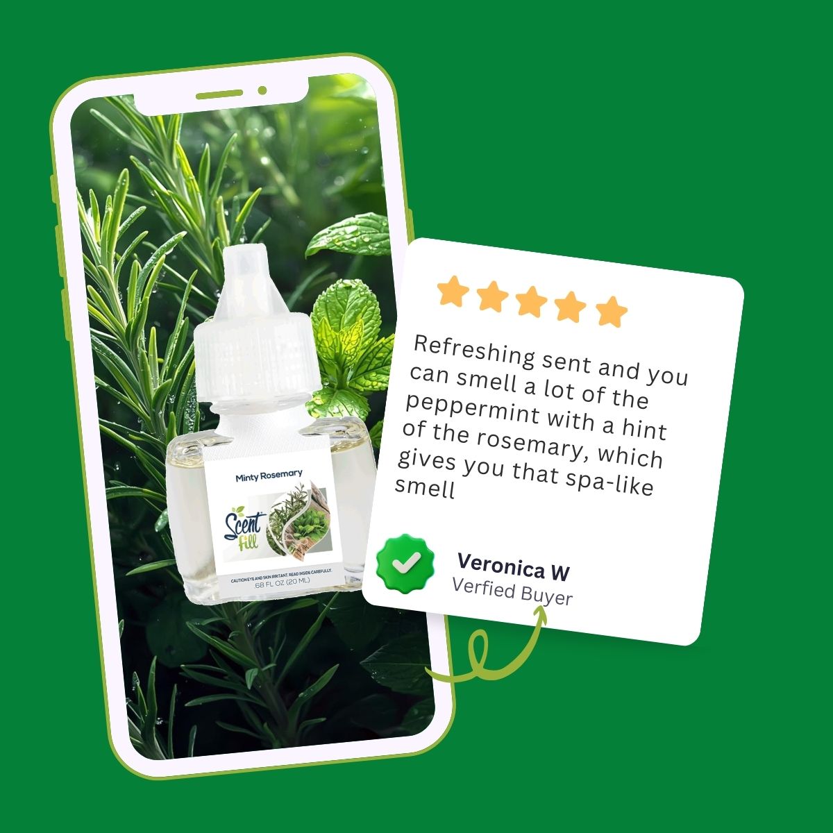 Promotional graphic showing a Minty Rosemary Scent Fill refill bottle on a smartphone screen with rosemary and mint imagery, alongside a five-star verified buyer review describing the scent as refreshing and spa-like.