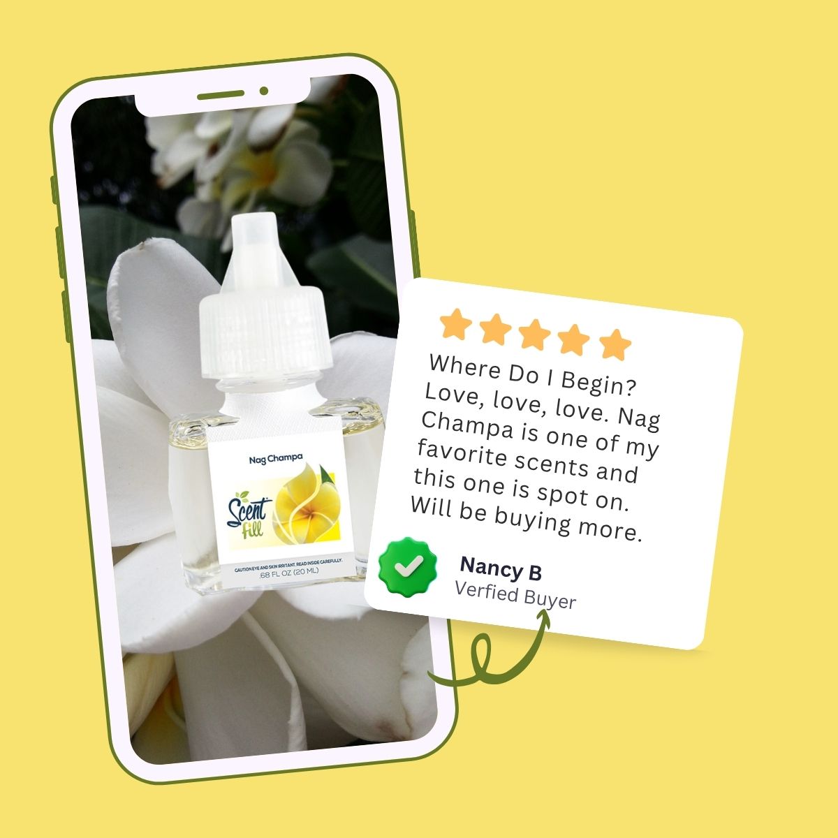 Promotional graphic showing a Nag Champa fragrance refill displayed on a smartphone screen with white flower imagery, alongside a five-star customer review from Nancy B praising the scent as spot on and saying she will buy more.