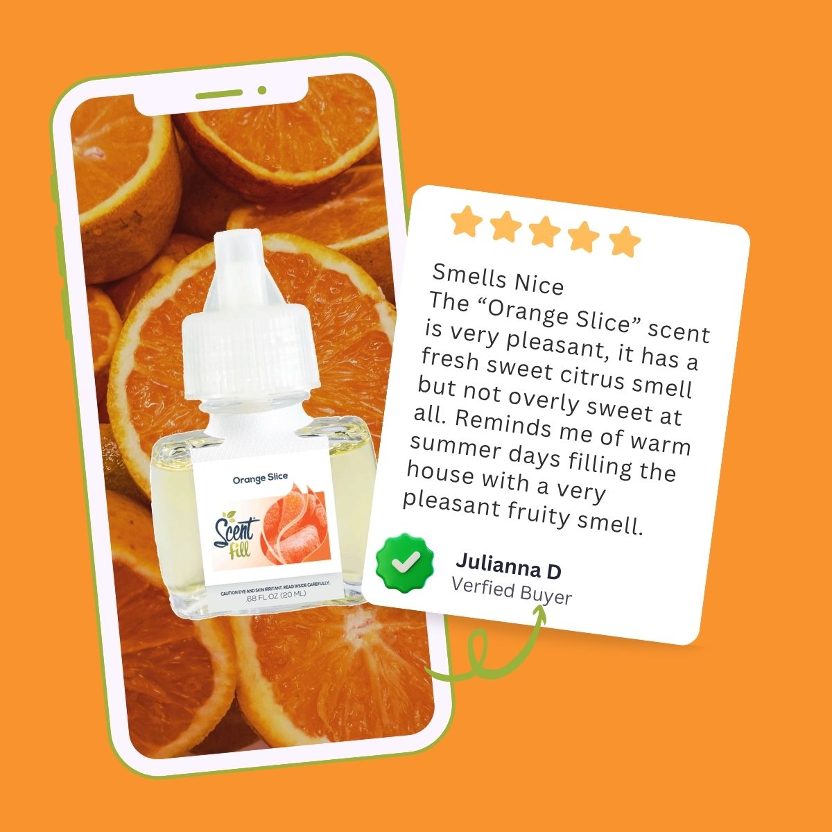 Promotional graphic showing an Orange Slice fragrance refill displayed on a smartphone screen with sliced orange imagery, alongside a five-star customer review from Julianna D describing the scent as fresh, sweet citrus with a warm, summery feel.