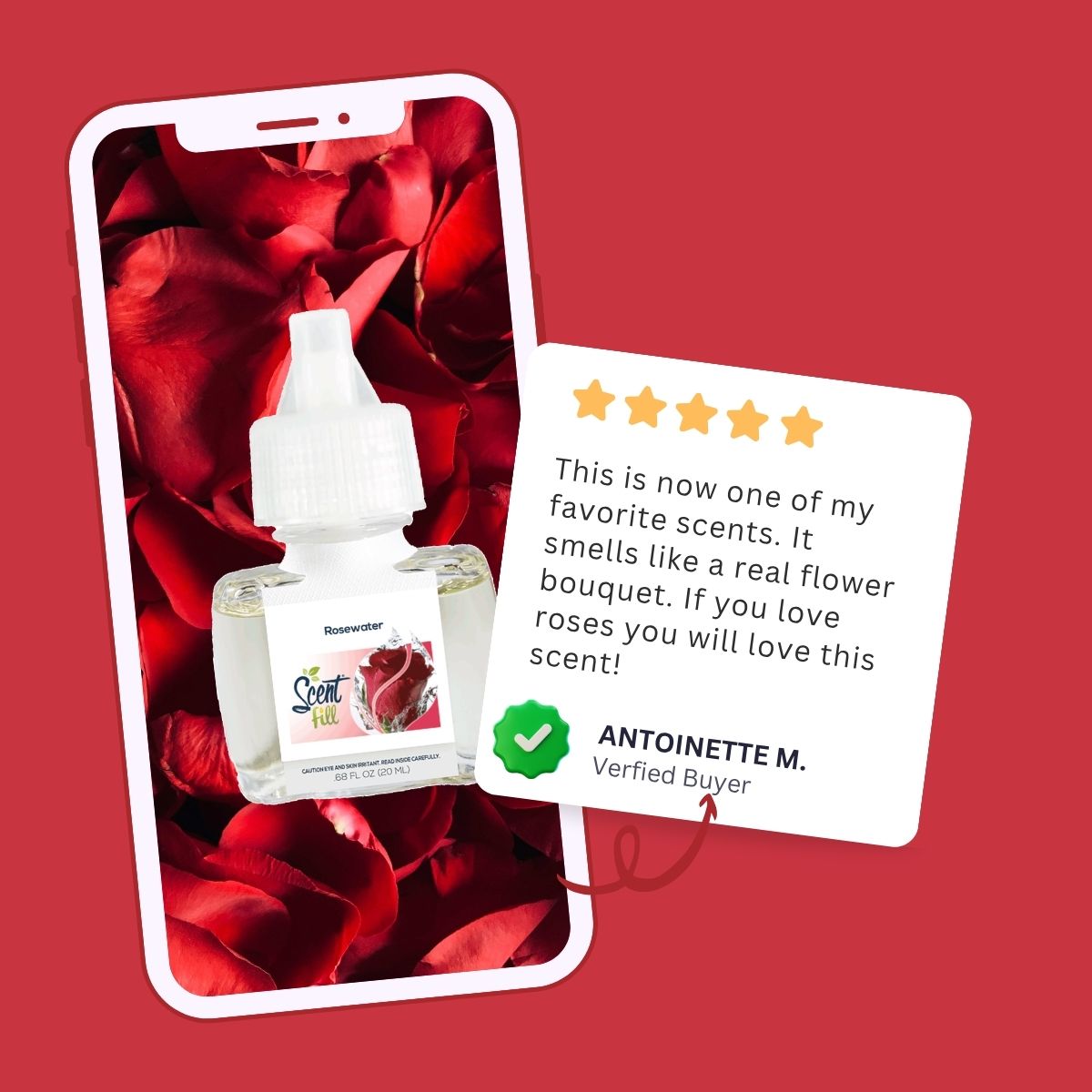 Promotional graphic showing a Rosewater fragrance refill displayed on a smartphone screen with red rose petal imagery, alongside a five-star customer review from Antoinette M saying the scent smells like a real flower bouquet and is a favorite.
