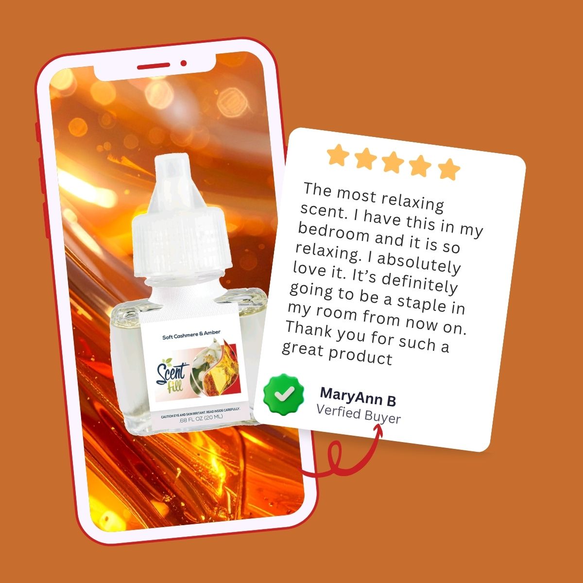 Promotional graphic showing a Soft Cashmere & Amber fragrance refill displayed on a smartphone screen with warm amber-toned imagery, alongside a five-star customer review from MaryAnn B describing the scent as relaxing and a bedroom staple.