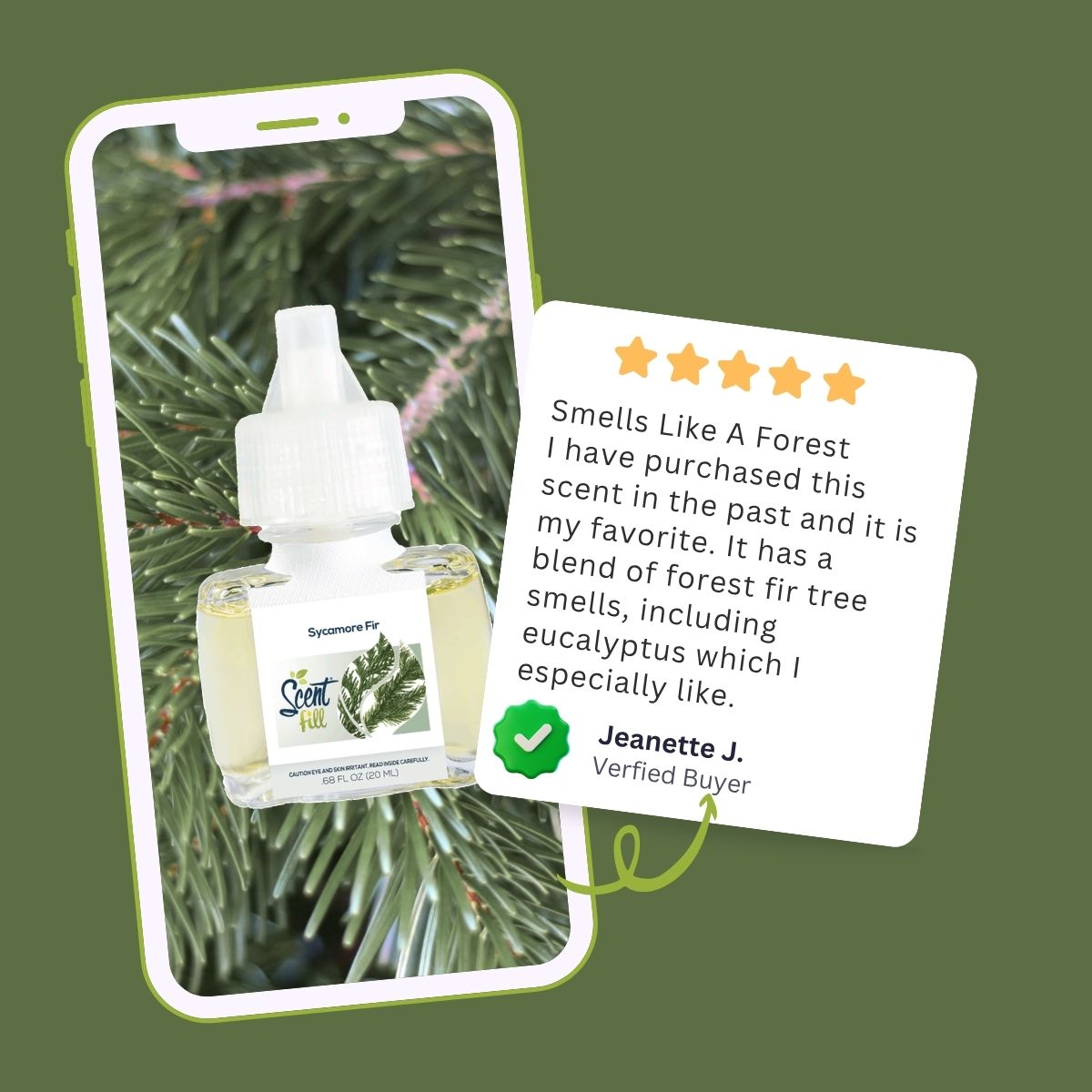 Promotional graphic showing a Sycamore Fir fragrance refill displayed on a smartphone screen with evergreen branch imagery, alongside a five-star customer review from Jeanette J describing the scent as a forest-like blend of fir tree and eucalyptus notes.