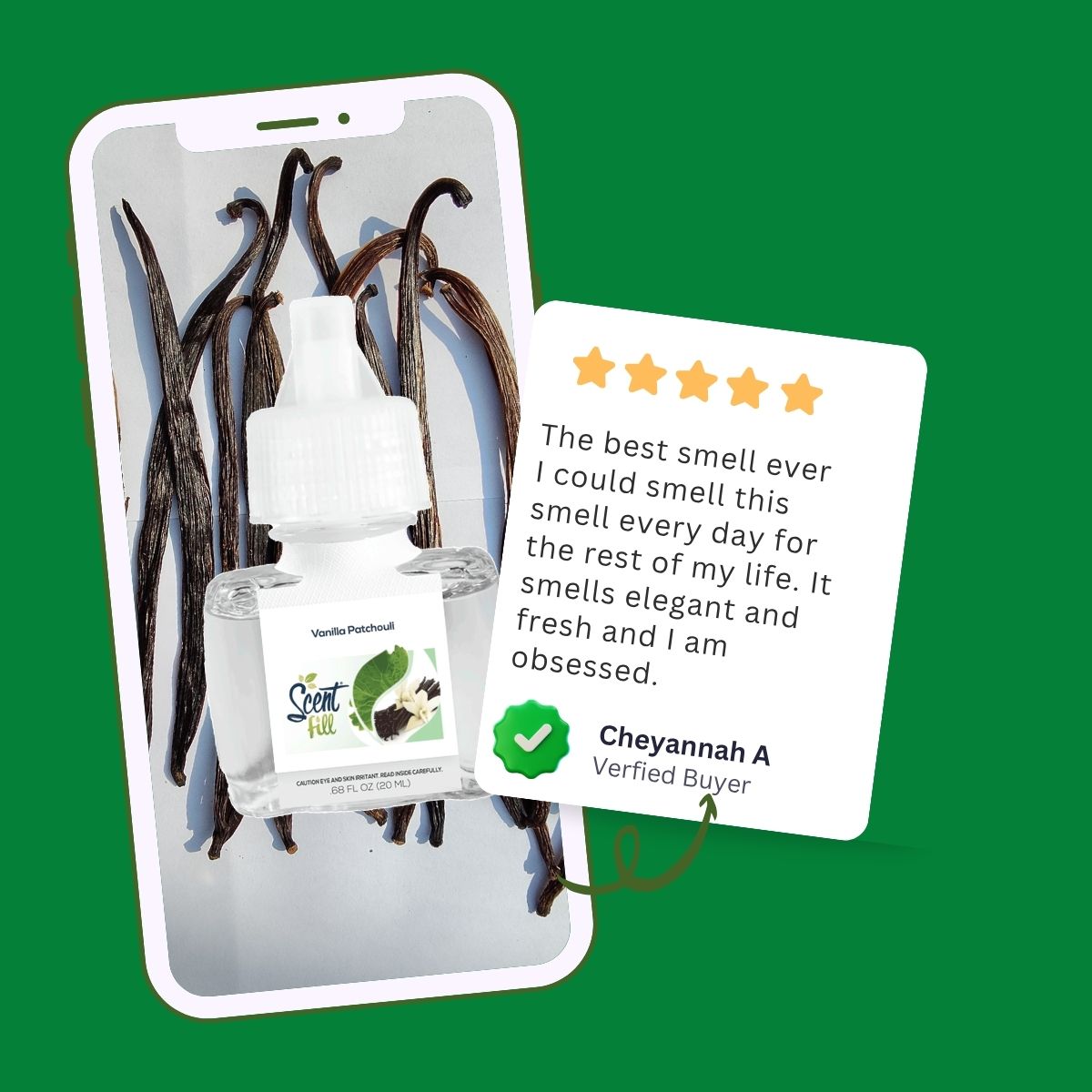 Vanilla Patchouli fragrance graphic showing a Scent Fill refill bottle in front of a smartphone with vanilla beans, beside a five-star review from a verified buyer.