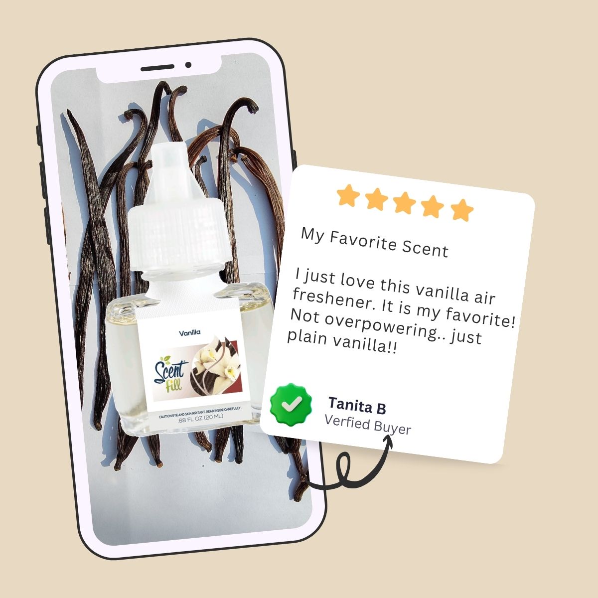 Vanilla fragrance graphic showing a Scent Fill refill bottle in front of a smartphone with vanilla beans, beside a five-star review from a verified buyer.