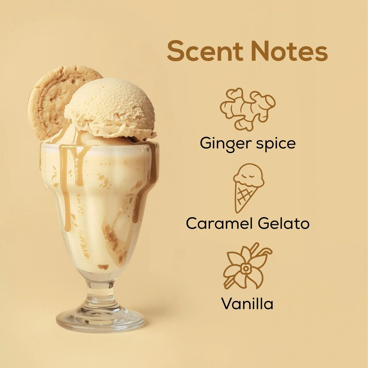 Scent notes graphic featuring a creamy gelato dessert in a glass with text listing ginger spice, caramel gelato, and vanilla notes.