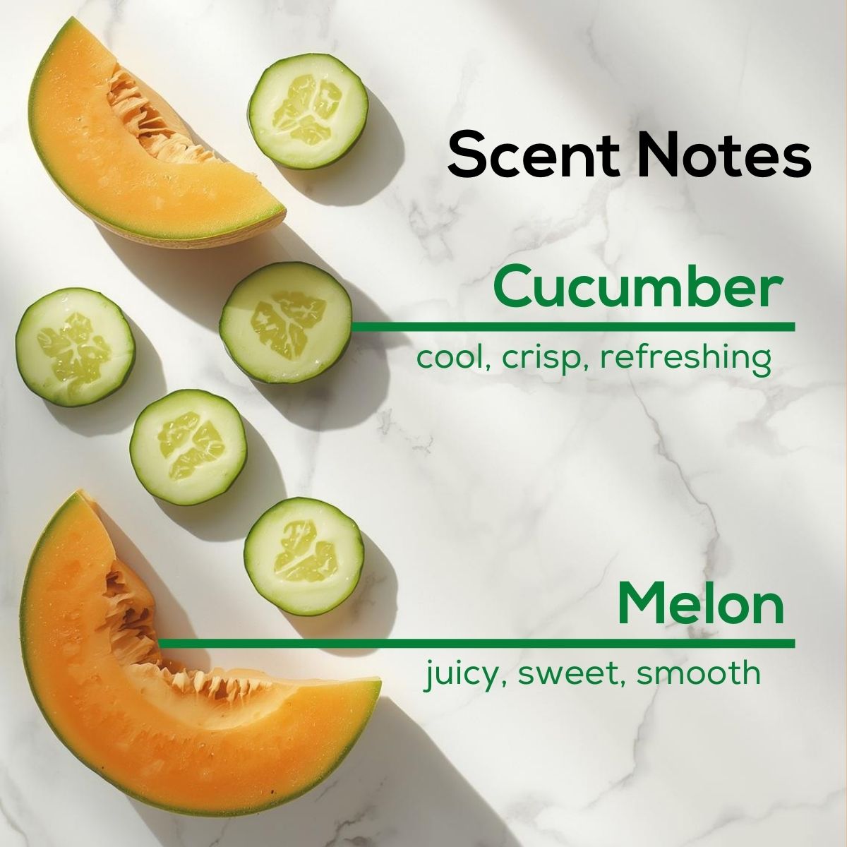 Scent Notes graphic for the Scent Fill Cucumber Melon air freshener on a white marble background. Fresh cucumber slices and cantaloupe melon wedges are artfully arranged on the left side. On the right, two scent notes are listed in green text: 