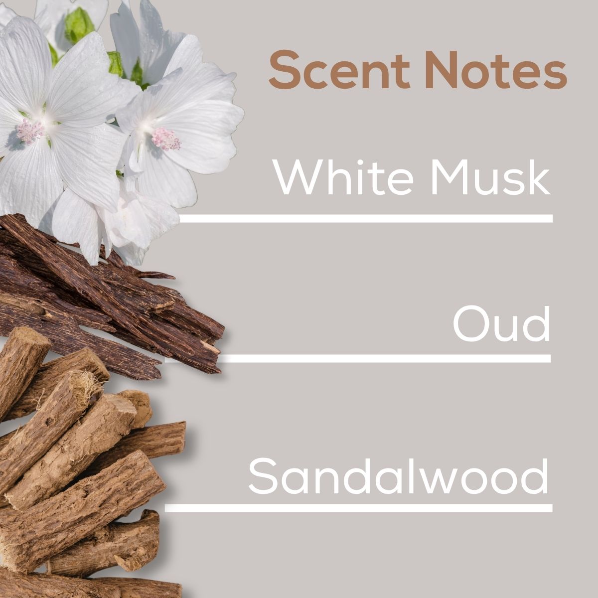 Scent notes graphic featuring white flowers and stacked wood pieces with text listing white musk, oud, and sandalwood notes.