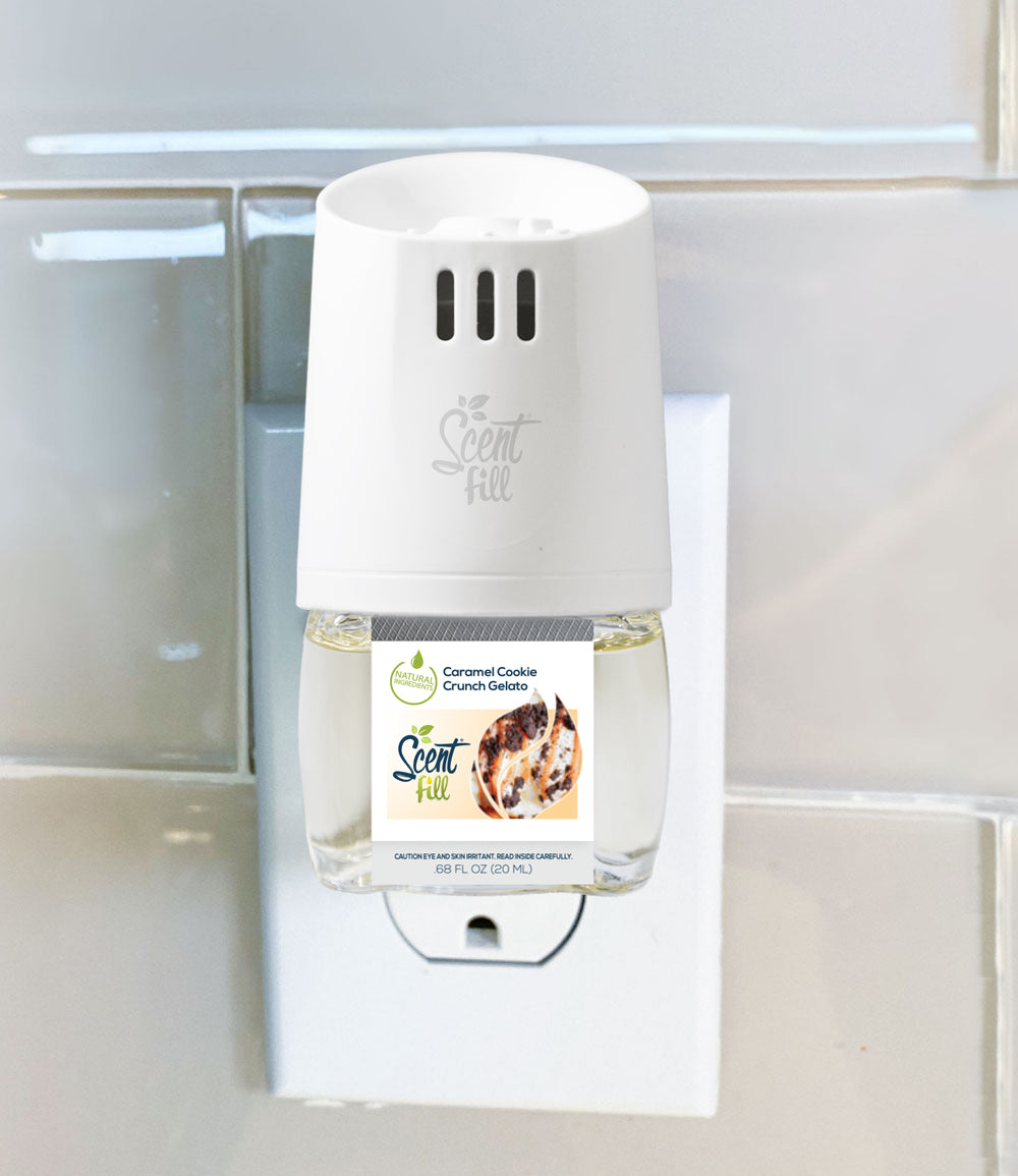 Scent Fill Caramel Cookie Crunch Gelato Natural Plug In Air Freshener Plugged into Diffuser in Outlet