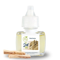 Scent Fill Palo Santo plug-in air freshener refill bottle with pale liquid, white cap, and palo santo wood pieces on a light background.