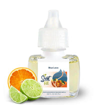 Scented oil bottle with orange and lime slices on a white background