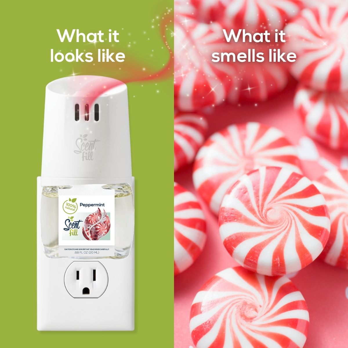 Split graphic showing a white plug-in diffuser with Natural Peppermint refill on the left and peppermint candies on the right to represent the fragrance inspiration.